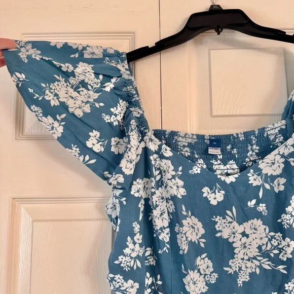 Flutter-Sleeve Crepe Midi Dress, blue with white floral, size XL NWT - Picture 2 of 10